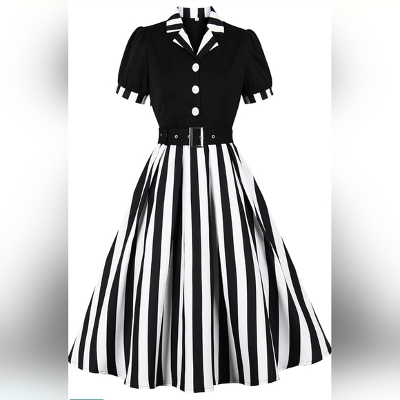 Dresses & Skirts - Black & White Striped Fit-and-Flare Dress